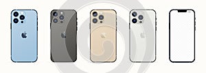 New iPhone 13 pro max. Sierra Blue, Graphite, Silver, Gold iPhone Pro Max. Mock-up screen iphone and back side iphone. Vector