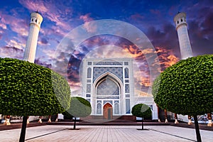 new Islamic Masjid Minor Mosque in Tashkent in Uzbekistan with two high minarets at sunset