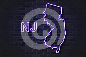 New Jersey map glowing neon lamp or glass tube on a black brick wall