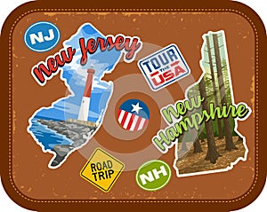 New Jersey, New Hampshire travel stickers with scenic attractions