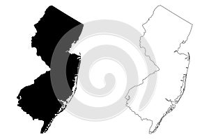 New Jersey NJ state Maps. Black silhouette and outline isolated on a white background. EPS Vector