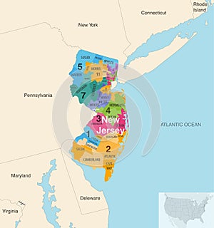 New Jersey state counties colored by congressional districts vector map with neighbouring states and terrotories