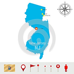 New Jersey Vector Map Isolated on White Background. Detailed Silhouette of New Jersey State. Official Flag of New Jersey