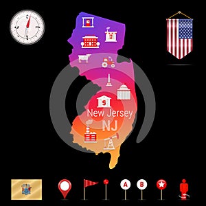 New Jersey Vector Map, Night View. Compass Icon, Map Navigation Elements. Pennant Flag of the USA. Industries Icons