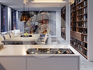 New kitchen appliances in a modern kitchen, suspended hood and a new cooking surface