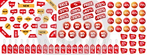 New labels set, stickers, sale tags. New collection shopping stickers and badges, special offer, discount, red labels