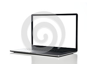 New laptop computer display with keyboard and blank white screen isolated on a white