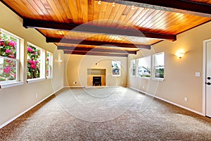 New large empty living room with wood ceiling and fireplace.