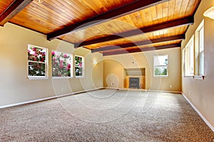 New large empty living room with wood ceiling and fireplace.