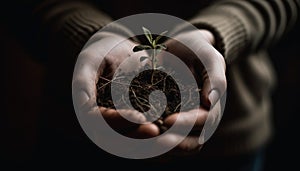 New life begins with organic growth, hands holding fragile seedling generated by AI