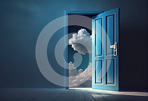 New life door to heaven, conceptual image. Leaving all problems behind, walking into a new life, retirement or