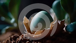 New life emerges from fragile organic egg on green leaf generated by AI