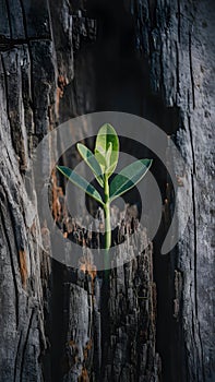 New life emerges from old with vibrant green plant on weathered trunk