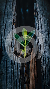 New life emerges from old with vibrant green plant on weathered trunk