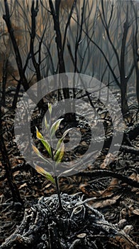 New life emerging from wildfire ash - regrowth concept