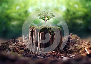 New life and hope concept with young tree growing from old stump.Macro.AI Generative