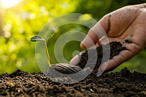 New life plants growing from seeds on fertile ground and farmer`s hands caring for plants