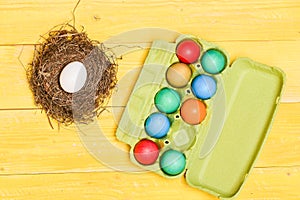 New life in straw nest. Healthy and happy holiday. Spring holiday. Holiday celebration, preparation. Happy easter
