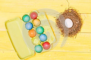 New life in straw nest. Healthy and happy holiday. Spring holiday. Holiday celebration, preparation. Happy easter