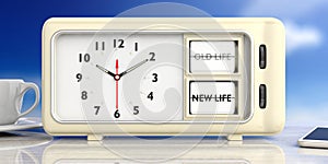 New life text on retro alarm clock, blurry background. 3d illustration.