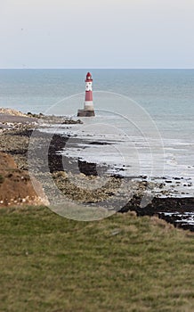 New lighthouse in Seven Sisters Cliffs in UK at chalk rocks