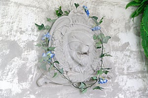 New lion head statue on cement wall with ivy at studio.