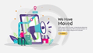 new location announcement business or change office address concept. we have moved vector illustration for landing page template,