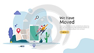 new location announcement business or change office address concept. we have moved vector illustration for landing page template,