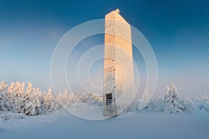 New Lookout tower in the shape of pentagon, Velka Destna, Orlicke mountains, Eastern Bohemia, Czech Republic Beautiful winter