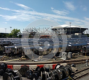 Tennis, Louis Armstrong Stadium Under Construction Aside Arthur Ashe Stadium from Corona Rail Yard, NYC, NY, USA