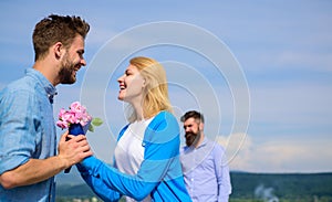 New love. Ex partner watching girl starts happy love relations. Couple in love dating outdoor sunny day, sky background