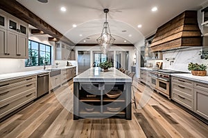 A new luxury homes traditional kitchen features a farmhouse sink, hardwood floors, wood beams