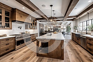 A new luxury homes traditional kitchen features a farmhouse sink, hardwood floors, wood beams