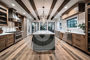 A new luxury homes traditional kitchen features a farmhouse sink, hardwood floors, wood beams