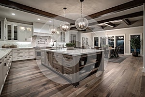 A new luxury homes traditional kitchen features a farmhouse sink, hardwood floors, wood beams