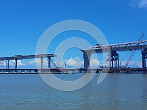 New Macau Taipa Bridge Construction Architecture Structure Work in Progress Ocean Ferry Harbour Turbojet Blue Sky