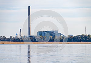 New Madrid power station above sand banks of Mississippi river in October 2023