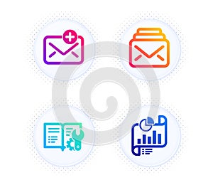 New mail, Mail and Engineering documentation icons set. Report document sign. Add e-mail, New messages, Manual. Vector