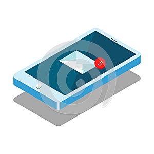 New mail, sms, e-mail notification. 3D isometric concept with smartphone and incoming messages