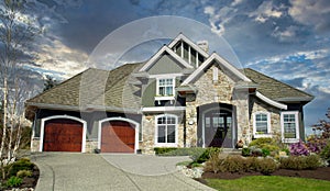 New Mansion Rockwork Exterior Maison Home House Stormy Clouds Sky Background
