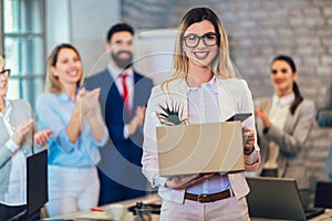 New member of team, newcomer, applauding to female employee, congratulating office worker with promotion photo