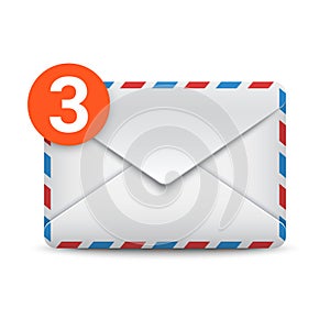 New message notification, three incoming messages, mail or email icon. Envelope with message counter