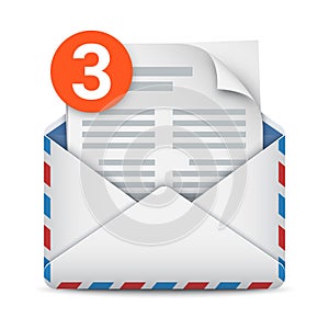 New message notification, three incoming messages, mail or email icon. Opened envelope with letter and message counter