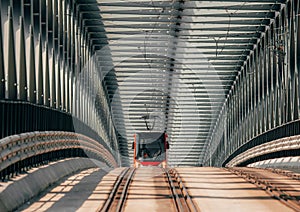 The new metal bridge in Bratislava. Tram traffic on the bridge.