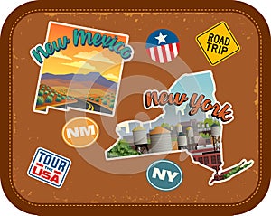 New Mexico, New York travel stickers with scenic attractions