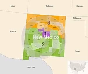 New Mexico state counties colored by congressional districts vector map with neighbouring states and terrotories