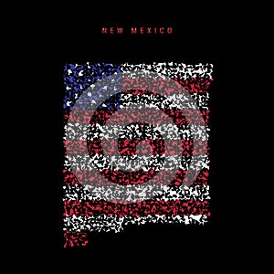 New Mexico US state flag map, chaotic particles pattern in the american flag colors. Vector illustration