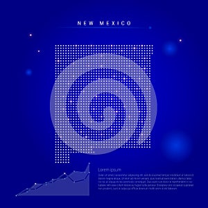 New Mexico US state illuminated map with glowing dots. Dark blue space background. Vector illustration