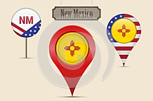 New Mexico US state round flag. Map pin, red map marker, location pointer. Hanging wood sign. Vector illustration