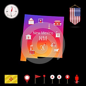 New Mexico Vector Map, Night View. Compass Icon, Map Navigation Elements. Pennant Flag of the USA. Industries Icons